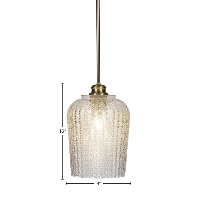 Chy Stem Hung Pendant Shown With 9"Textured Glass, Clear, New Age Brass