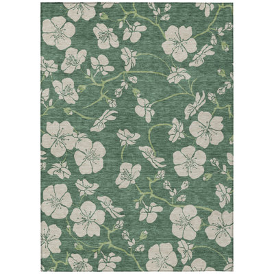 9' X 12' Sage And Ivory Floral Washable Indoor Outdoor Area Rug