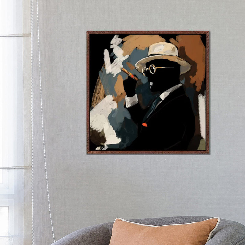 Cigar Lounge - Painting on Canvas, 66.04cm H x 66.04cm W x 3.81cm D, Classic Brown Wood Floater Framed