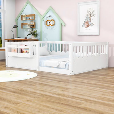 Multi-Functional Wood Floor Bed with Side Storage Shelf