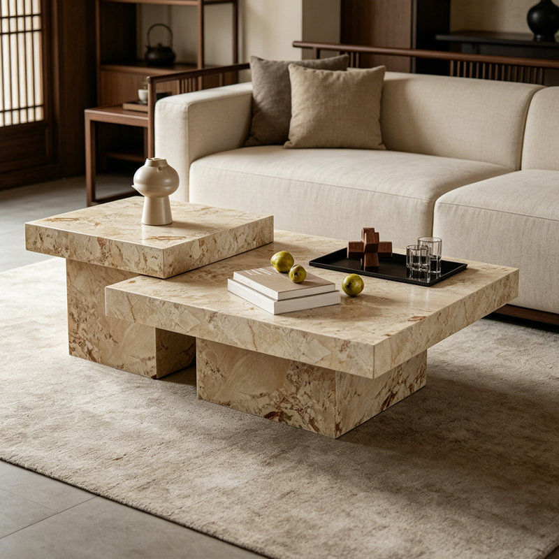 Ensemble de tables basses carrées avec plateau Living Room, H 13,77 po x L 35,43 po x l 35,43 po, Marron clair, Marron clair
