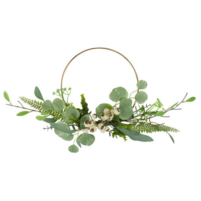 Eucalyptus Leaf and Fern Golden Ring Wreath Spring Decor Green and Gold 30"