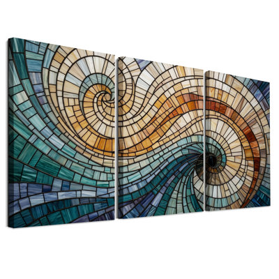 Ensemble de 3 toiles murales à motif de vitrail en spirale turquoise et ambre