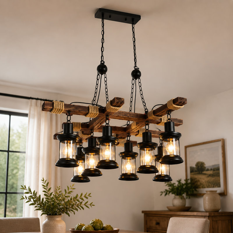 Lustre industriel en bois 8 lumières