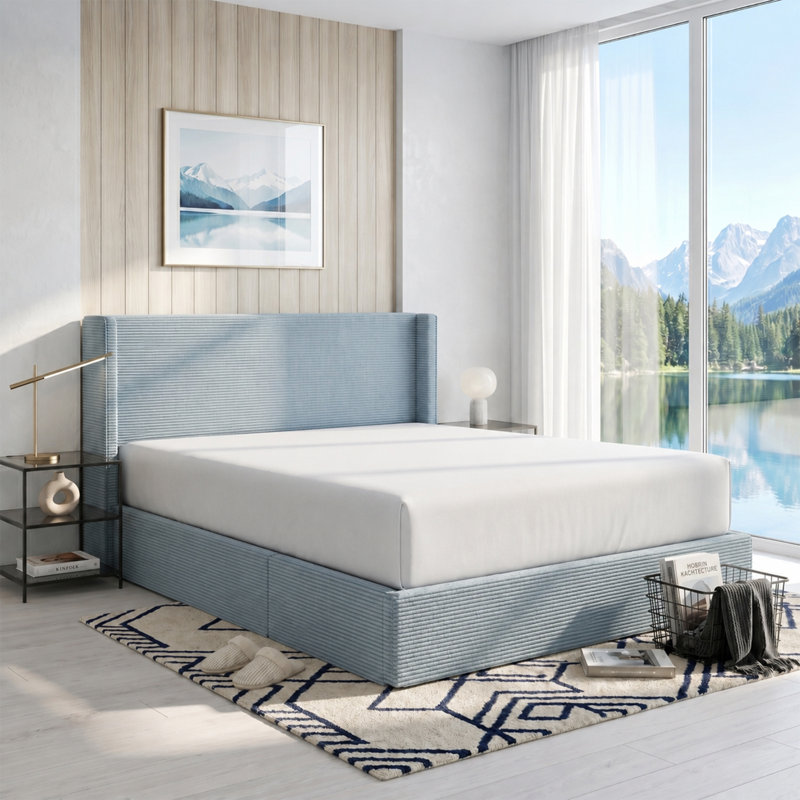Lit plateforme de rangement relevable de style scandinave moderne, en velours côtelé, bleu pâle, avec tête de lit à oreilles et revêtement en velours côtelé.