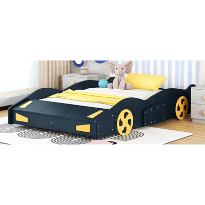 Lit plateforme pour voiture de course double - bleu foncé avec rangement robuste pour chambre à coucher + roues et bois de pin confortable