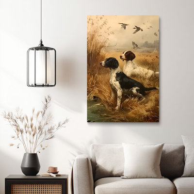 Vintage “Gun Dogs in Marsh with Flying Ducks” Hunting Canvas Wall Art Stretched Frame for Cozy Studio