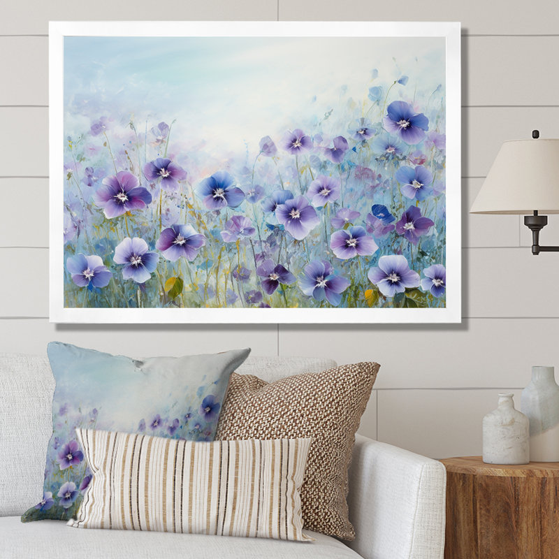 Pensées mauves Blooming Field III - décoration murale champ de fleurs, Cadre simple blanc, H 16 po x l 32 po x P 1 po