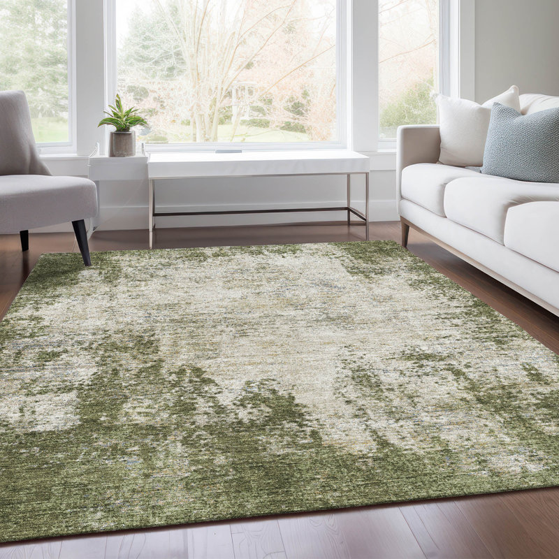 Tapis olive lavable à la machine de qualité supérieure Prisco, Rectangulaire 8 pi x 10 pi