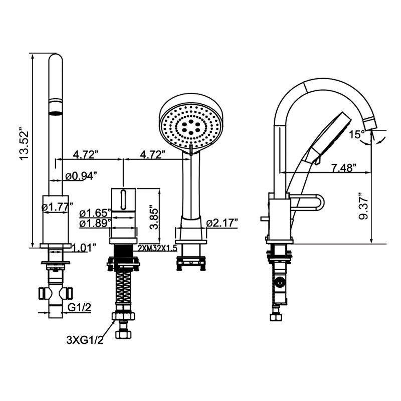 Deck Tub Spout with Diverter, Matte Black