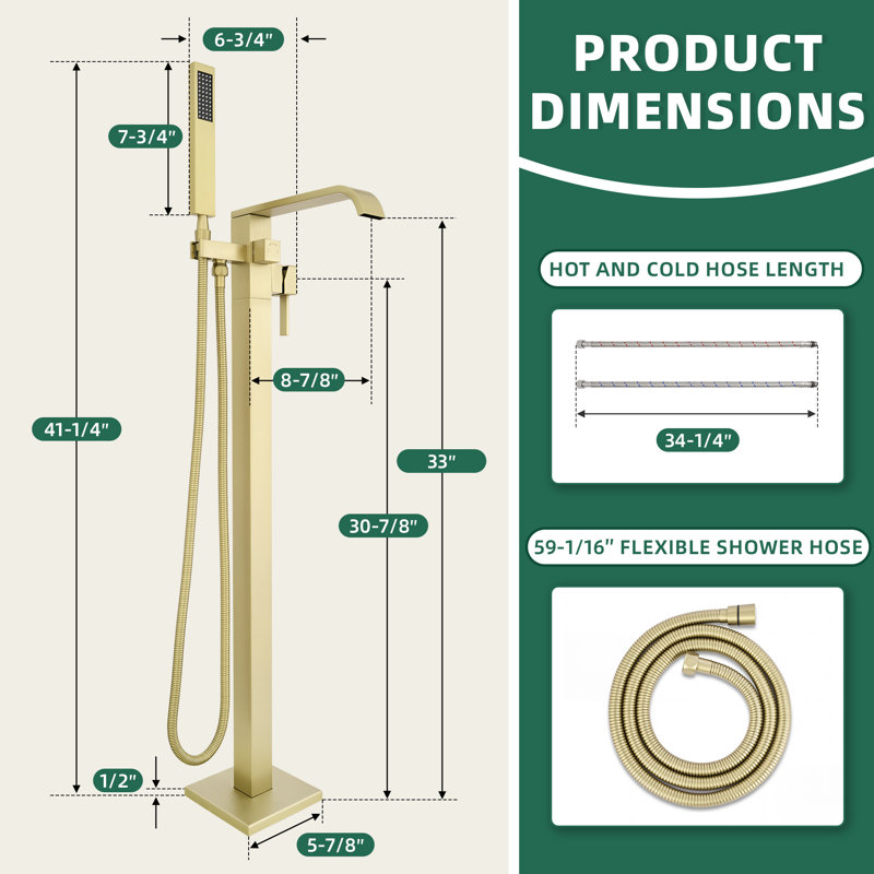 Free Standing Tub Faucet, High Flow Freestanding Bathtub Faucet with Waterfall Spout & Handheld Shower, 360°Swivel Tub Filler, Brass Body