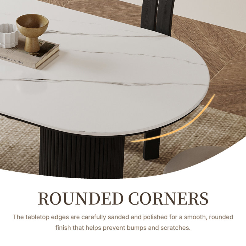 Ensemble de table de salle à manger 78 pouces ovale avec 6 chaises rembourrées, table de salle à manger moderne avec dessus en pierre et mobilier de salle à manger à colonne noire