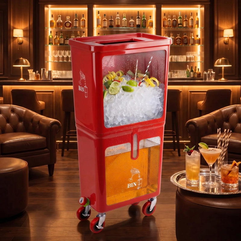 Bac à déchets de boissons commercial rouge avec roues verrouillables – Station de vidange à deux compartiments pour déchets liquides et solides, PEHD résistant aux fuites, pour bar, restaurant, traiteur et événements
