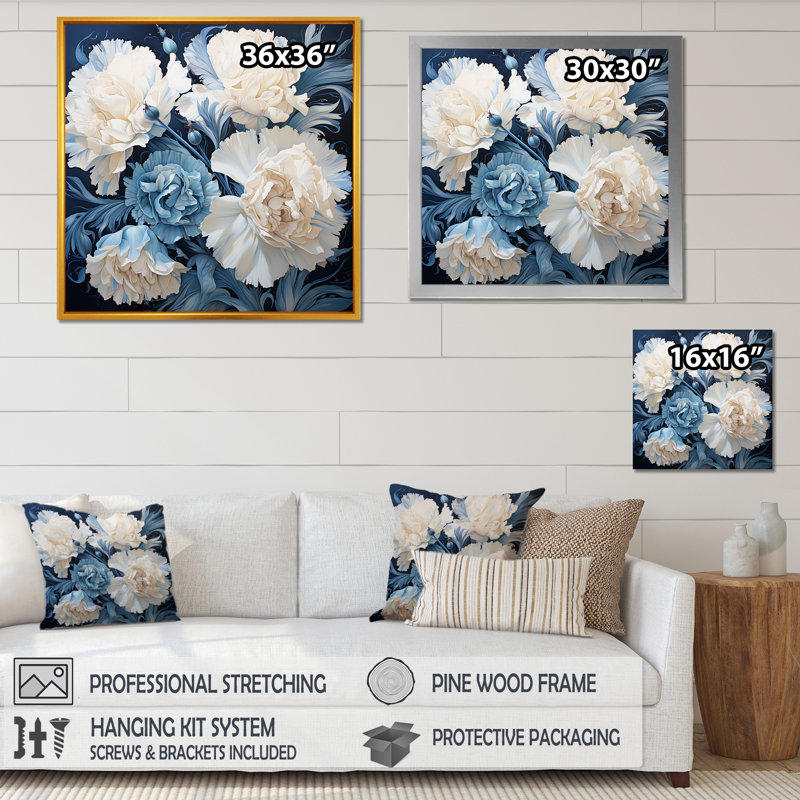 Arrangement d'œillets blanc et bleu sur toile, Cadre flottant blanc, H 30 po x l 30 po