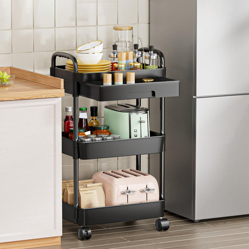 3 Tier Rolling Utility Cart with Drawer, Black