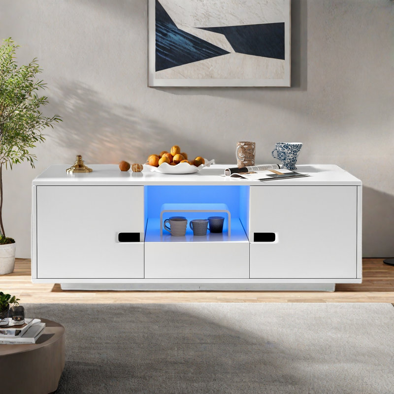Modern High Glossy Rectangle Coffee Table With 2 Cabinets, One Drawer, 16 Colour Led Lights And An Open Shelf, White