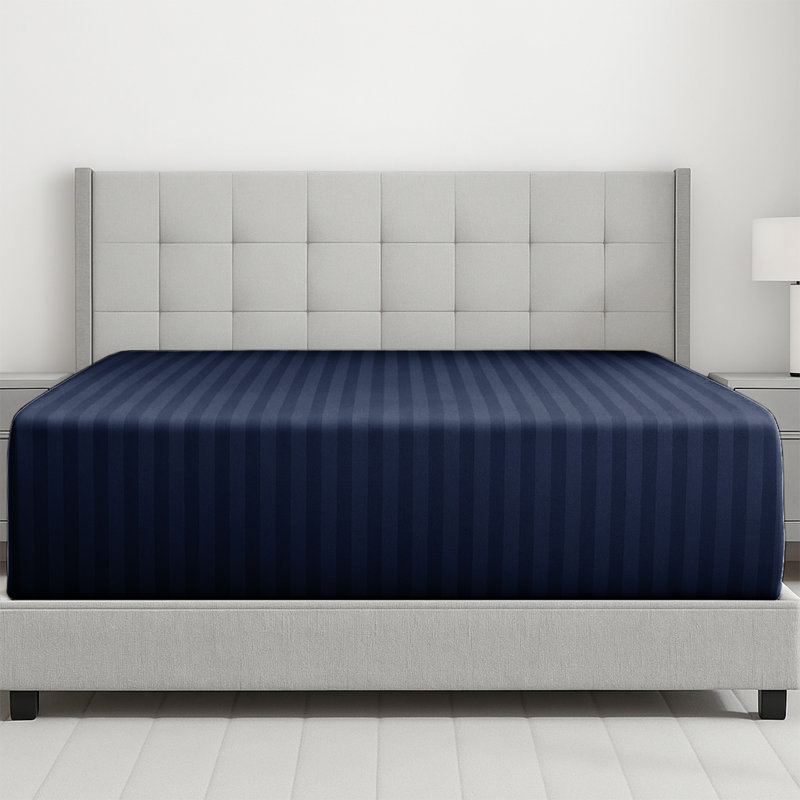 Microfiber Striped Fitted Sheet, Double (4'6), Navy