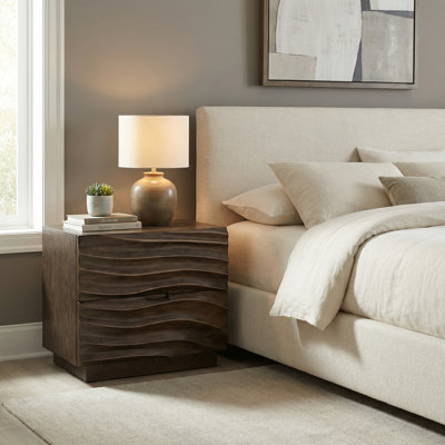 Table de chevet sans poignées, table de bout sans canapé pour salon et chambre à coucher Renley en bois massif avec 2 tiroirs, disponible en 2 couleurs