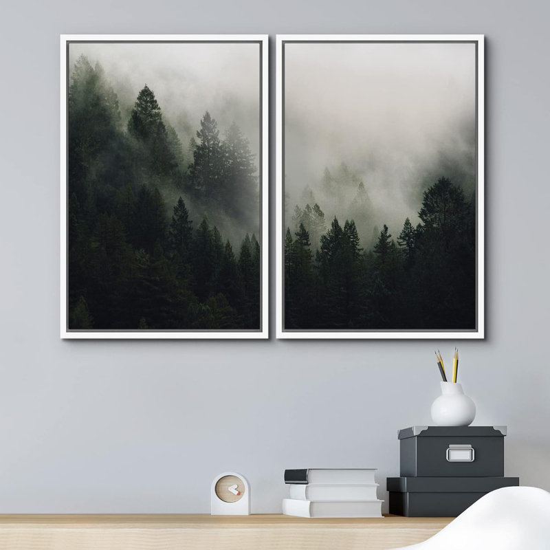 2 pièces, vue aérienne de la chaîne de montagnes brumeuses, nature, paysage rustique moderne sur toile, Cadre flottant blanc