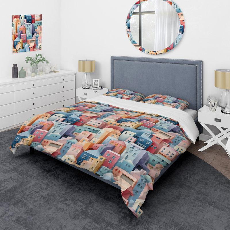 Literie urbaine en couleurs pastel, Housse de couette pour grand lit et 2 taies décor