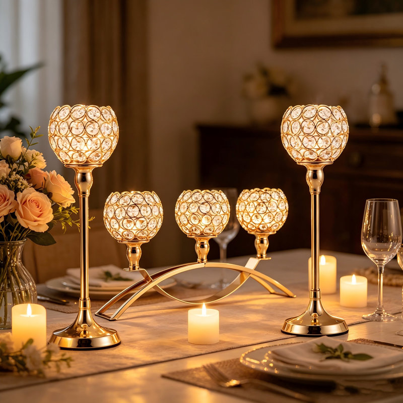 Set of 3 Gold Crystal Candle Tealight Holders , Wedding Table Centerpiece for Living Room & Fireplace Decor