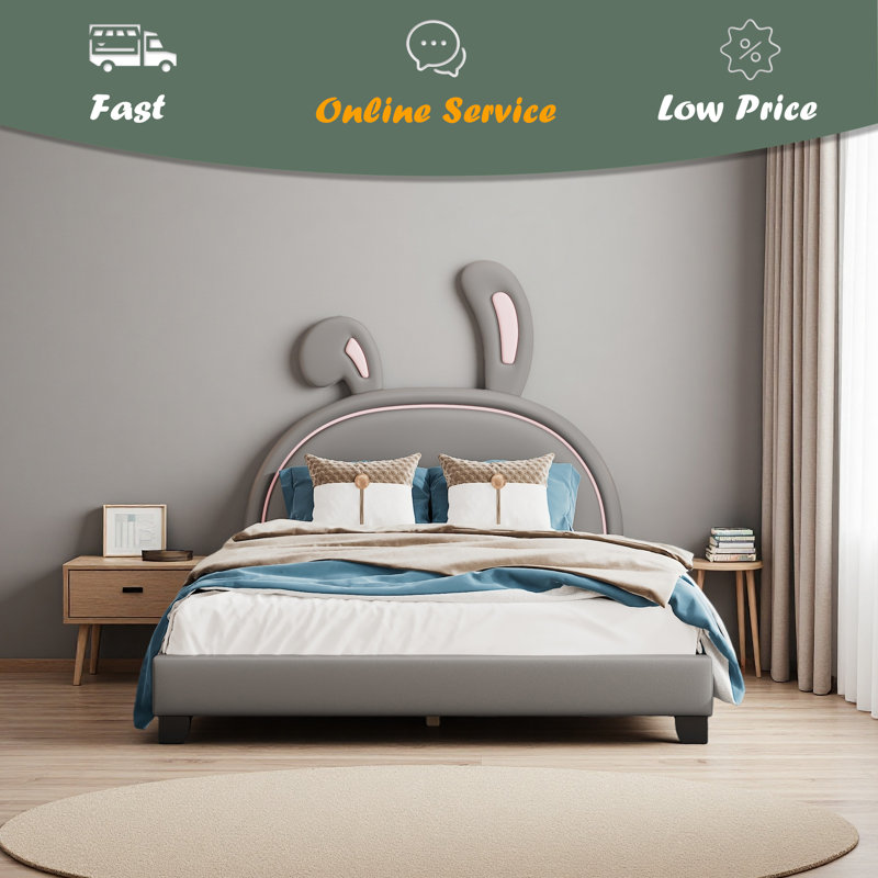 Lit plateforme tapissier pleine grandeur avec ornement en lapin, Gris