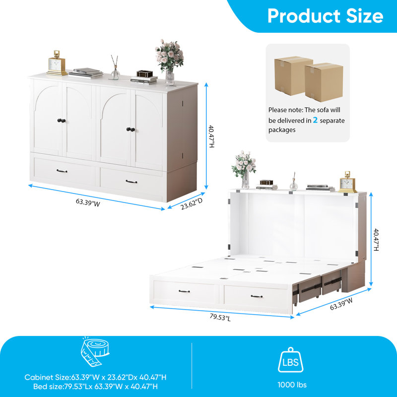 Grand lit escamotable avec charge USB, capacité de 1000 lb, sans matelas