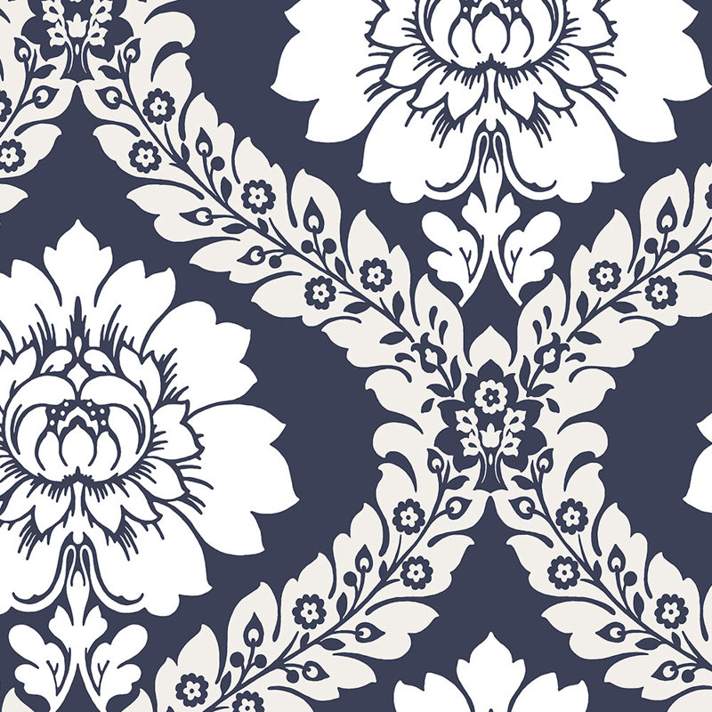 Rouleau de papier peint damassé floral 32,7 pi x 20,5 po Manchester, Bleu marine / blanc