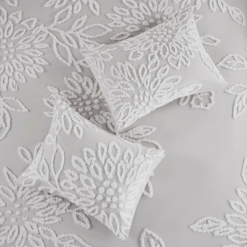 Housse de couette en coton et chenille pour lit très grand / très grand - gris chaud et floral