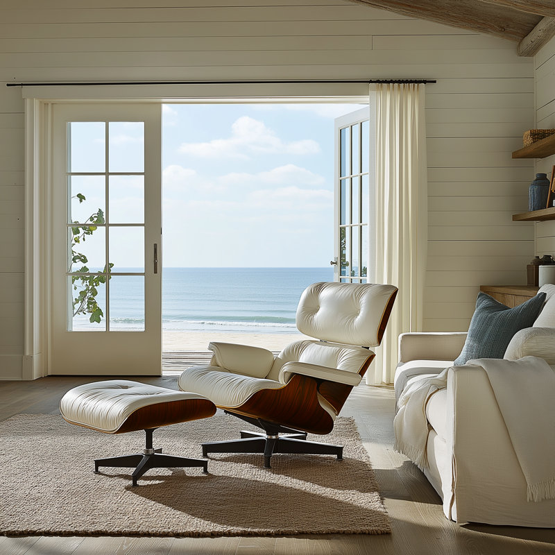 Swivel Accent Chair With Ottoman In Top Grain Leather, White/Orange Walnut