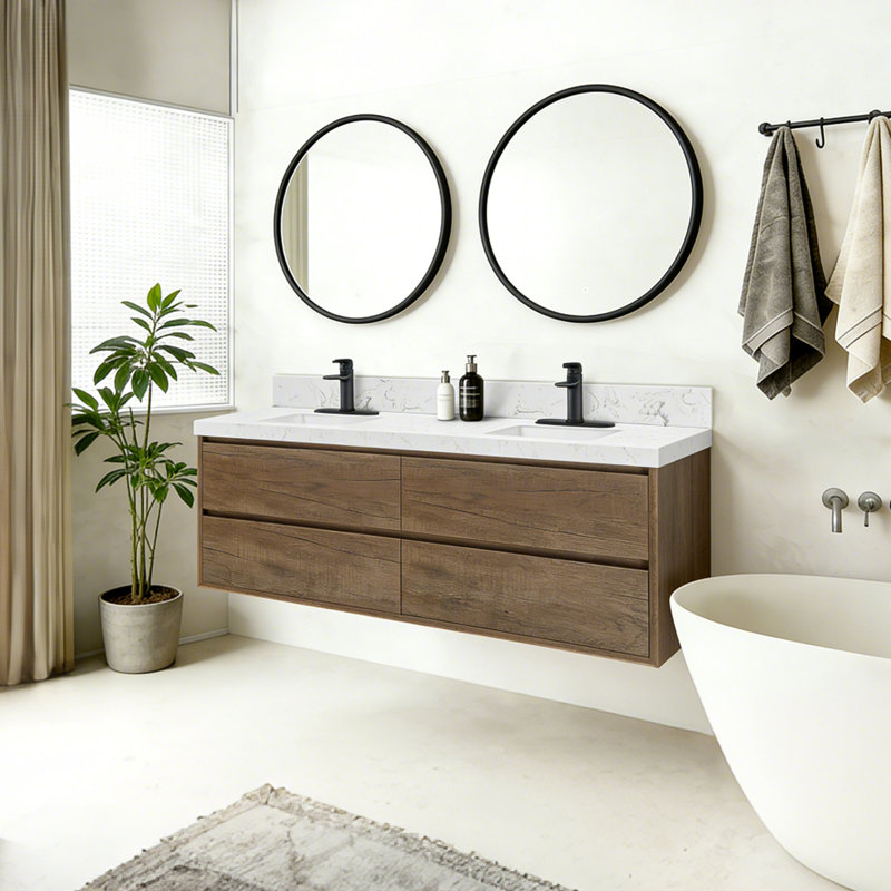 Meuble-lavabo mural moderne avec tiroirs flottants, Chêne foncé, 72"