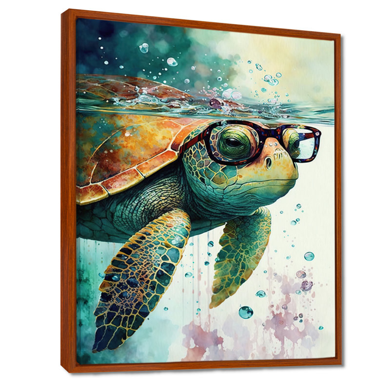 Tortue avec des lunettes dans l'océan II - tortue, art mural, H 40 po x l 30 po, Cadre flottant brun