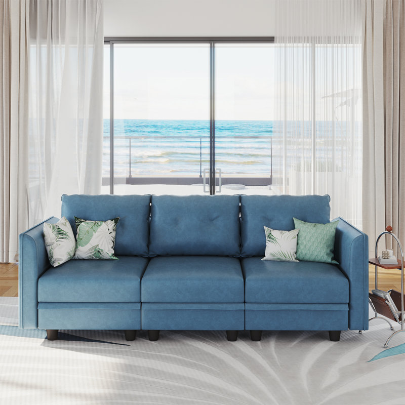 Zendajas 85'' Curved Arm Loveseat Modular Sofa With Storage, Sky Blue Polyester Blend