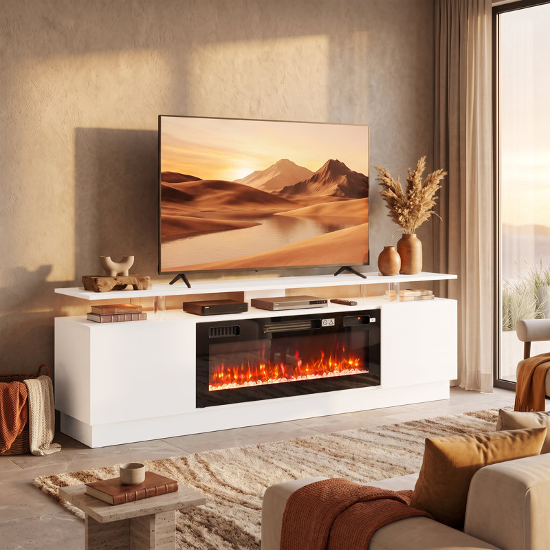 Meuble télé avec foyer électrique pour téléviseurs de 80 pouces, bande DEL, 750/1500 W, blanc
