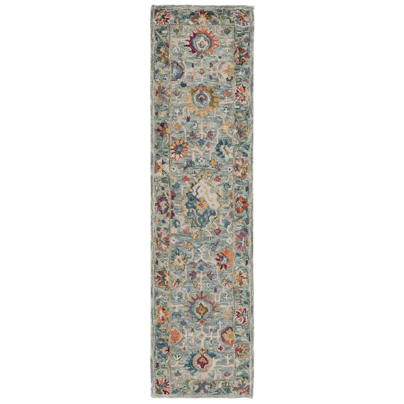 Oriental Hand Tufted Wool/Cotton Area Rug in Gray/Green, Runner 2'3" x 9'