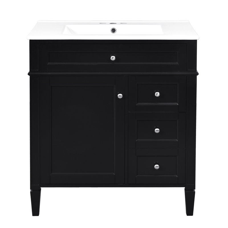 Meuble-lavabo de style moderne de 30 po avec lavabo en céramique supérieur, 2 tiroirs ordinaires, 1 tiroir basculant et tablettes réglables pour divers besoins de rangement