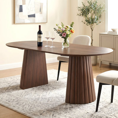 Modern Double Pedestal Oval Wood Dining Table 79" Kitchen Table With Solid Wood Base For Seats 8