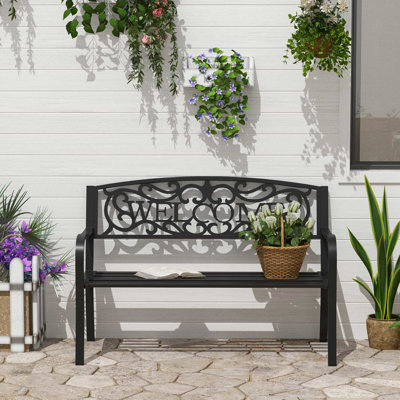 Astoria Grand Black Metal Outdoor Chair, 50" Patio Bench With Slatted Seat For Garden, , Porch, Yard, Entryway, Coating Seat, Surface Slip