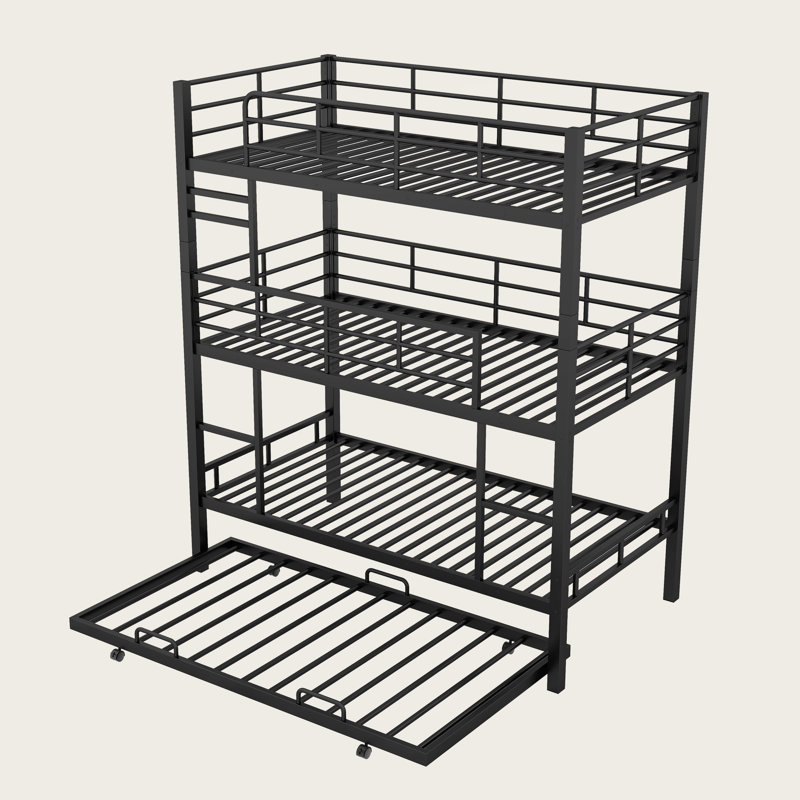 Metal Twin Triple Bunk Bed with Trundle, Heavy-Duty Steel Frame, Safety Guardrails & Dual Ladders, Space-Saving Modern Design