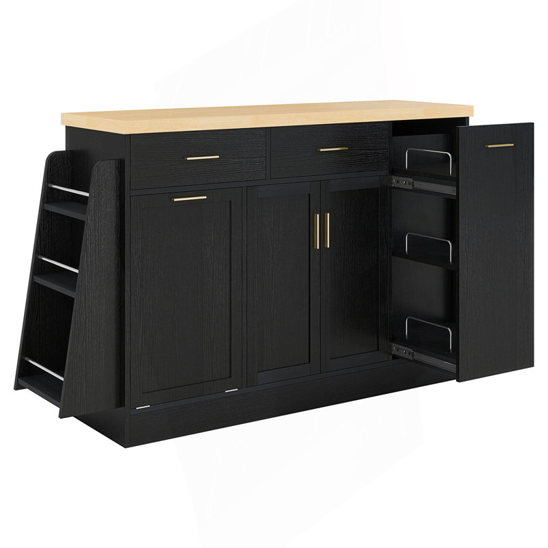 Buffet multifonctionnel avec rangement, poubelle et porte-épices à 3 niveaux, Noir
