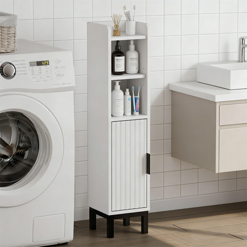 White Corner Toilet Paper Storage Cabinet With Door And Adjustable Shelves, White/Black