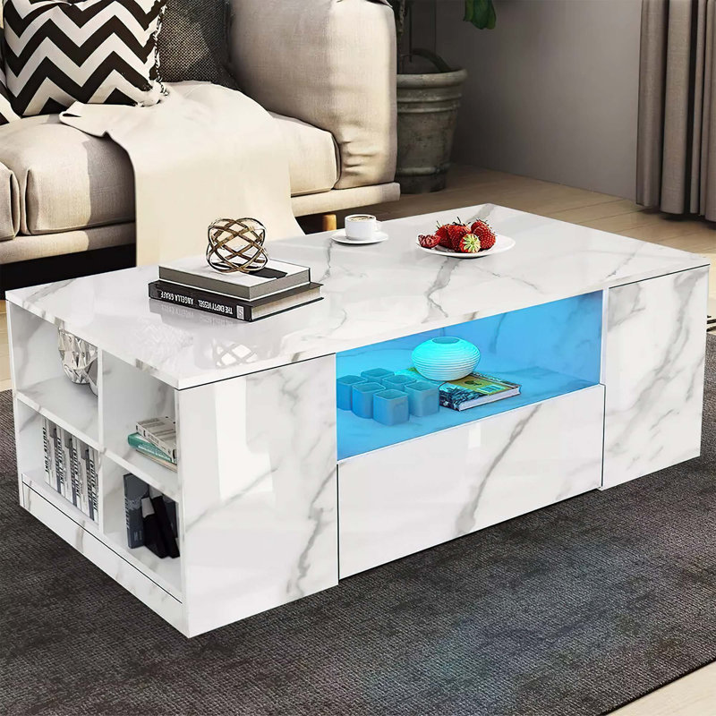 Coffee Table with Storage, White and Marble