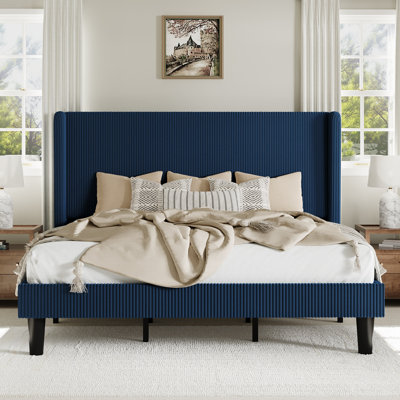Ribbed Corduroy Platform Bed With Wingback Headboard And Wooden Slats, No Box Spring Needed