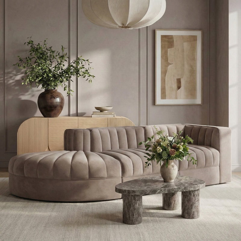 Demars Velvet Performance Fabric Upholstered 3Pc. Modular Sectional, Taupe Velvet, 27" H x 112" W x 34" D