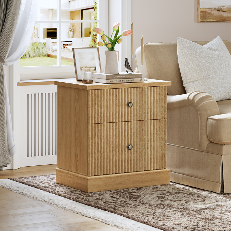 Fluted Nightstand with 2 Drawers, Mid Century Modern Bedside Table for Living Room, Nightstand with Storage, Space Saving Side Table with Curved Edge Base for Bedroom