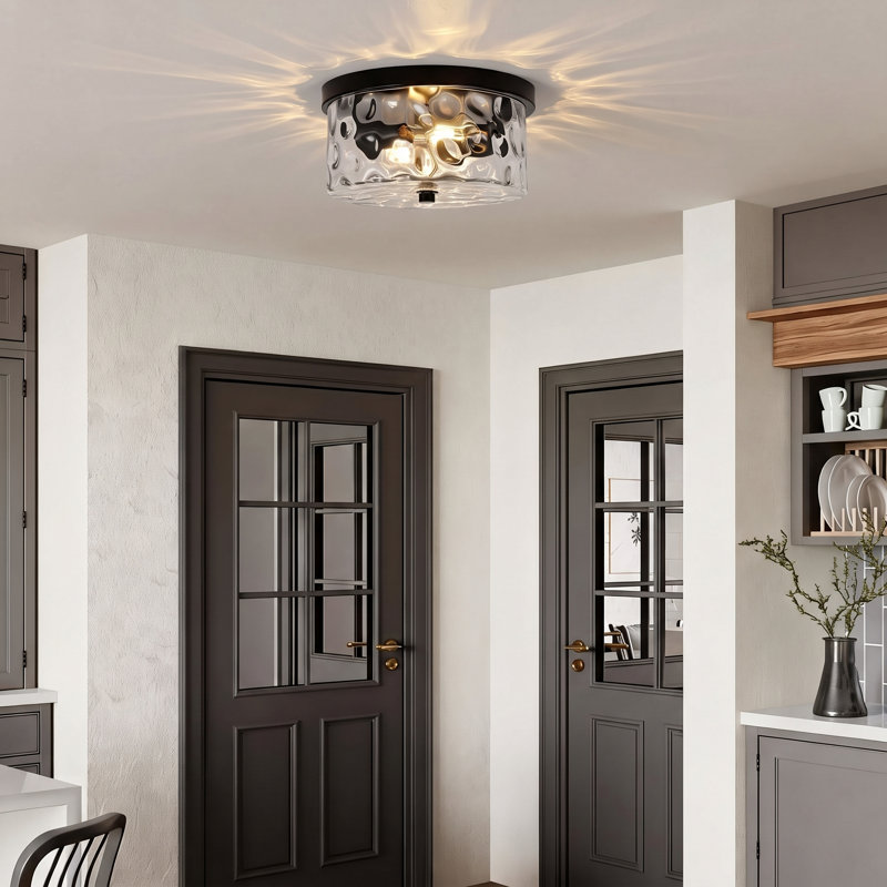 Plafonnier encastré 2 lumières avec verre martelé Alixandra, Noir mat, L 11,81 po x l 11,81 po x H 5,9 po