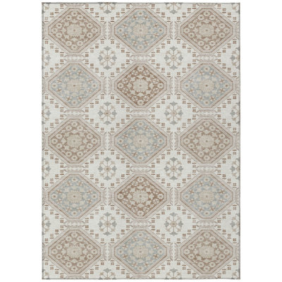 9' X 12' Ivory And Brown Floral Washable Indoor Outdoor Area Rug