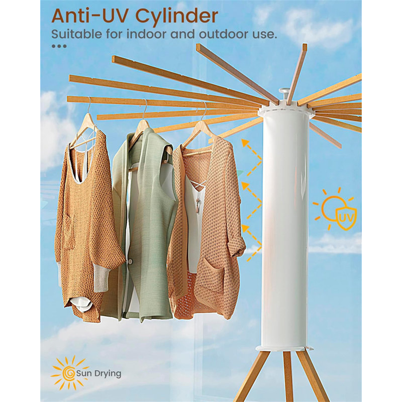 Cylinder Tripod Drying Rack - 16 Rods, Large Round, 360° Rotatable, 46" H x 44" W x 44" D, Brown/White