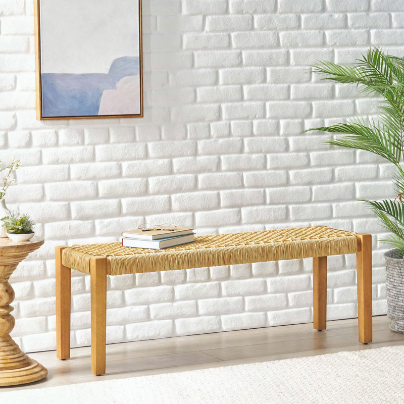 Backless Acacia Wood Bench with Faux Rattan Seat