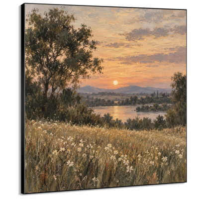 Impression sur tissu grand format - Paysage de champ de fleurs sauvages et de lac au coucher du soleil doré pour salon ou chambre - « Assemblage du cadre requis (cadre non fini) »
